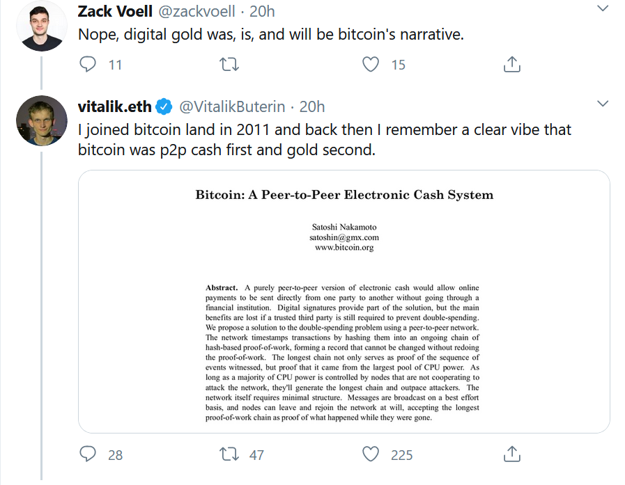 Vitalik与比特币开发者激辩：比特币首先是P2P现金，其次才是数字黄金