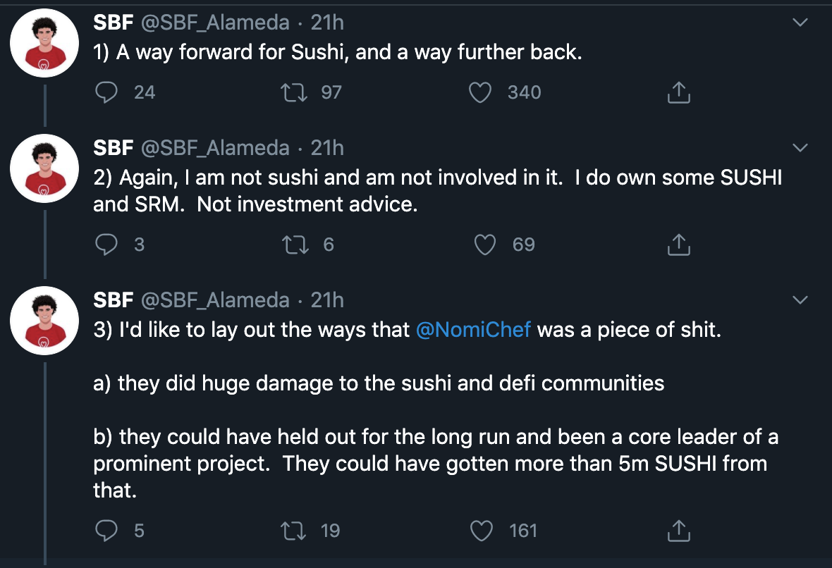 FTX创始人SBF评Sushi：Nomi必须放弃控制权，Sushi接下来怎么走？
